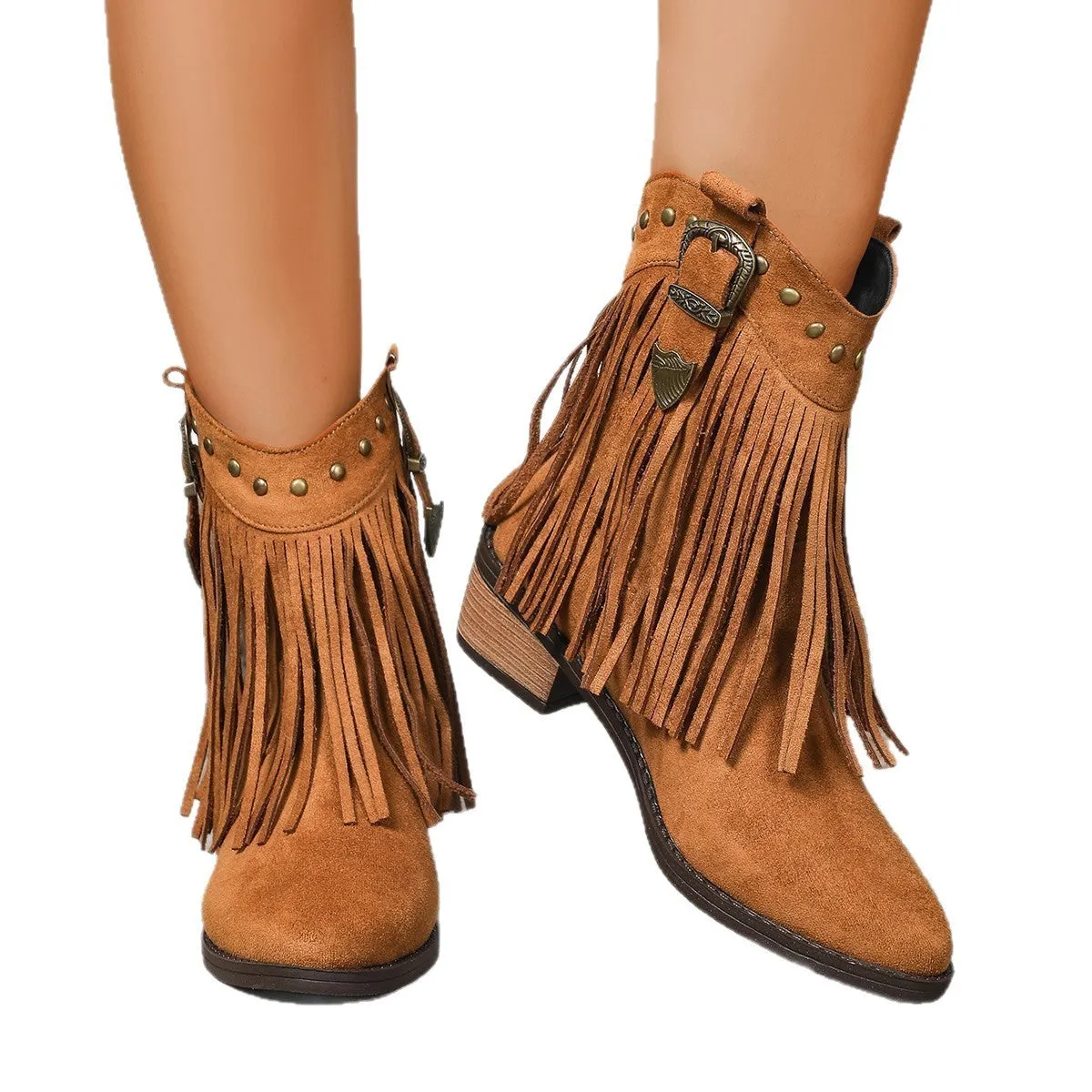 Retro pointed tassel western cowboy boot for women in plus sizes, suede upper, mid heel