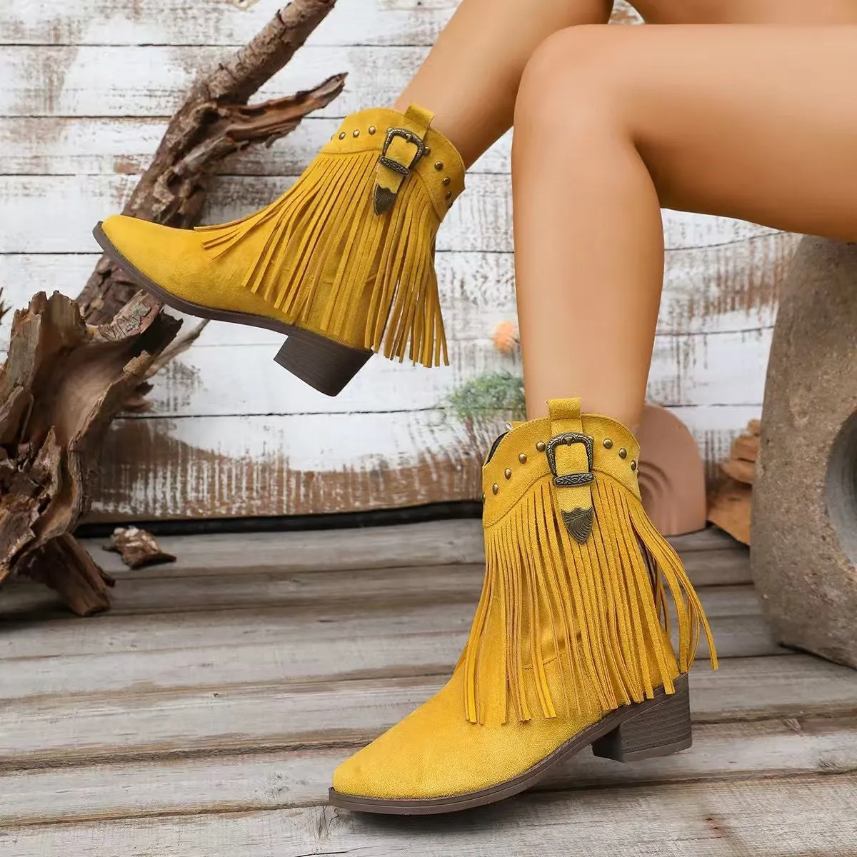 Retro pointed tassel western cowboy boot for women in plus sizes, suede upper, mid heel