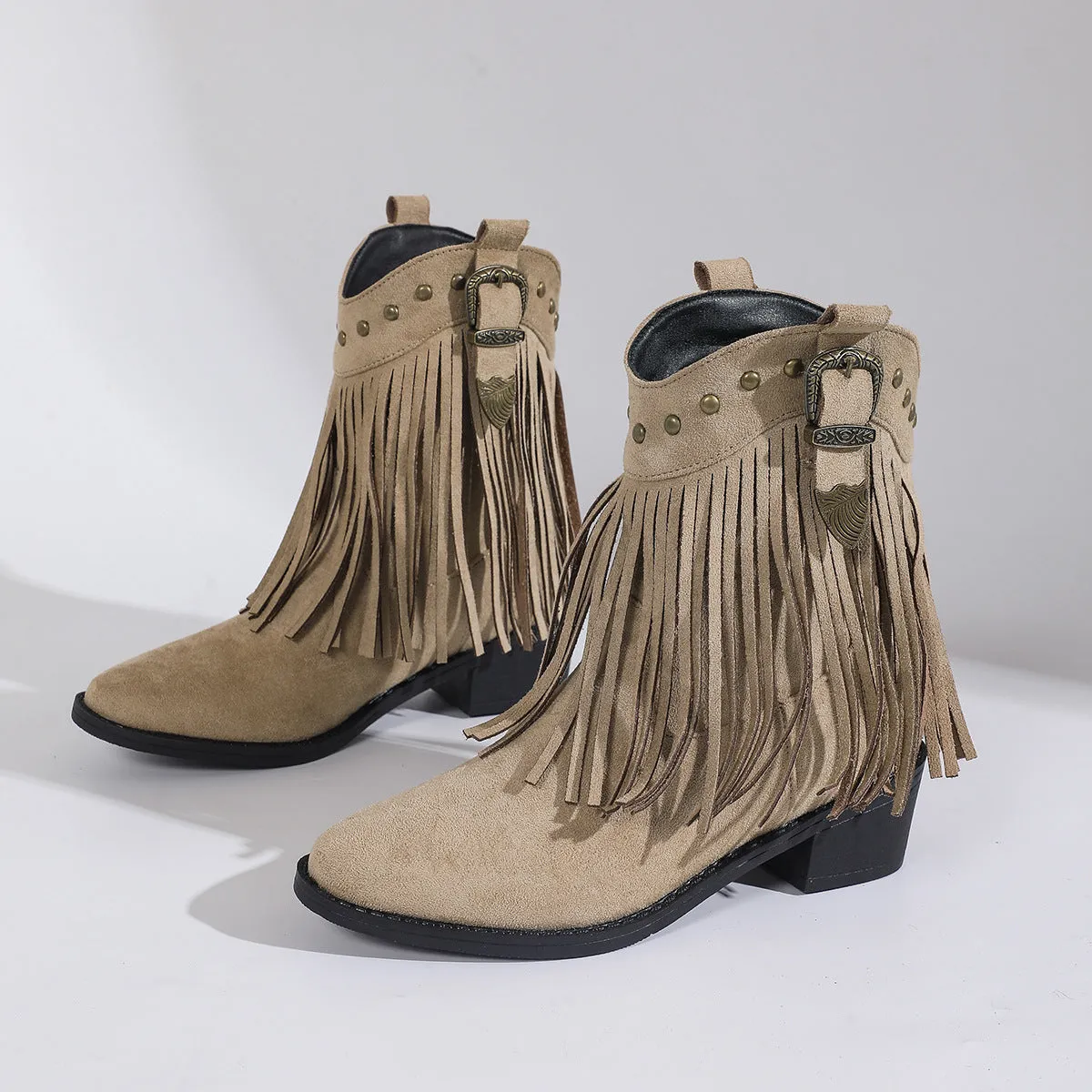 Retro pointed tassel western cowboy boot for women in plus sizes, suede upper, mid heel