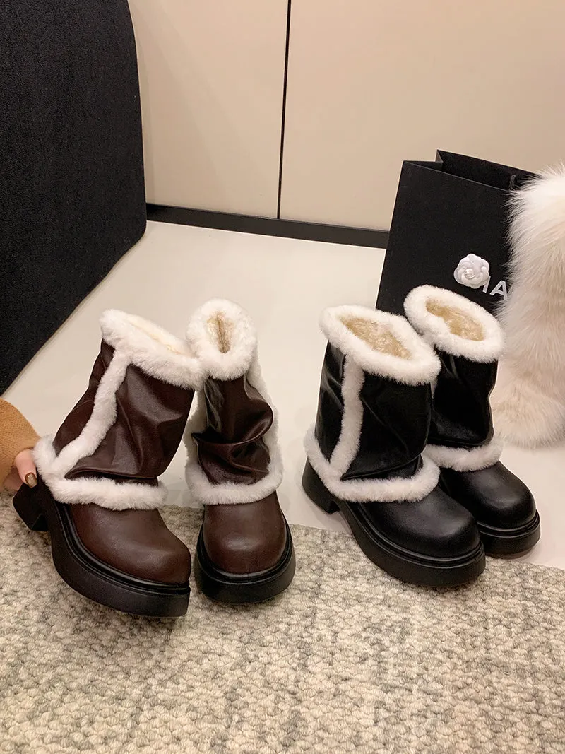 Women's winter faux fur lined short boots with thick sole and plush trim in black