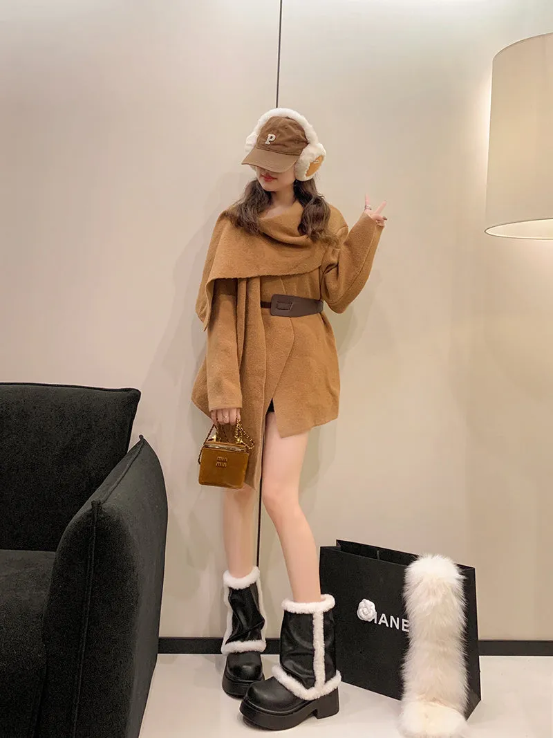 Women's winter faux fur lined short boots with thick sole and plush trim in black