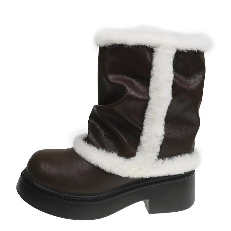 Women's winter faux fur lined short boots with thick sole and plush trim in black