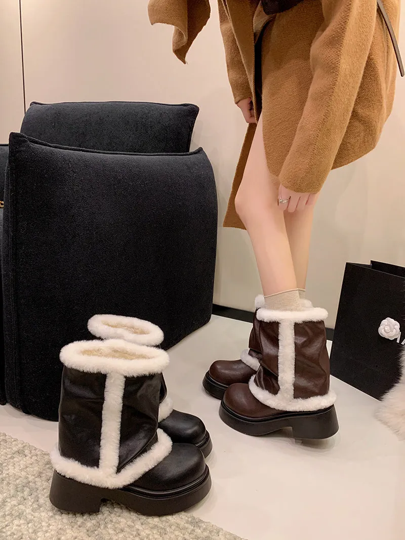 Women's winter faux fur lined short boots with thick sole and plush trim in black