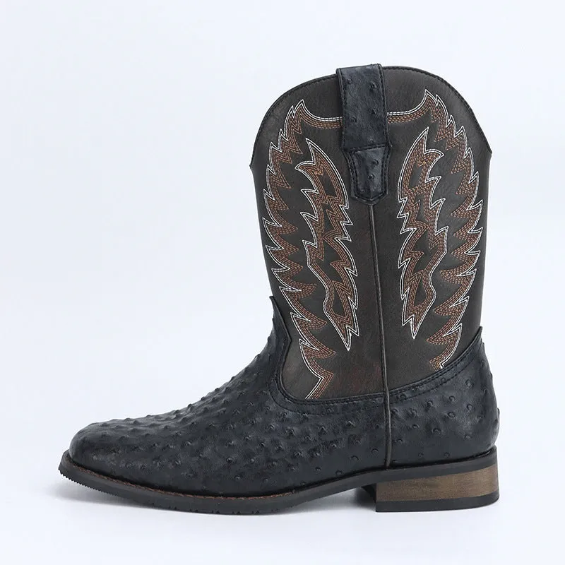 Men's black square toe motorcycle boots with a mid-calf shaft and low wedge heel.