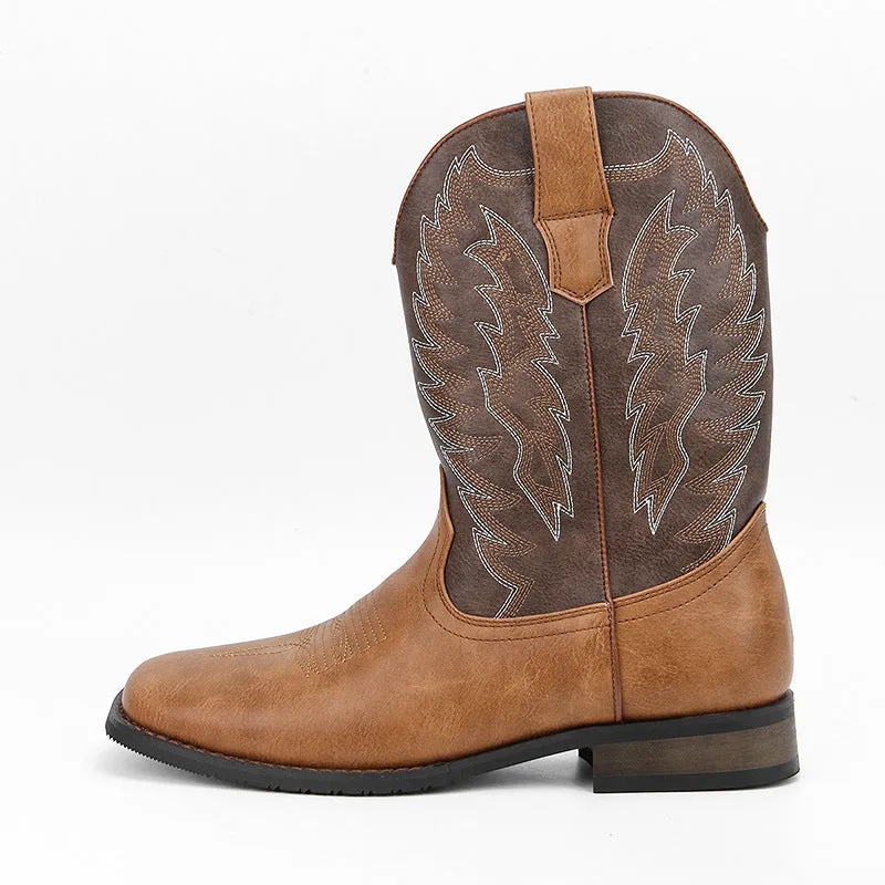 Men's black square toe motorcycle boots with a mid-calf shaft and low wedge heel.