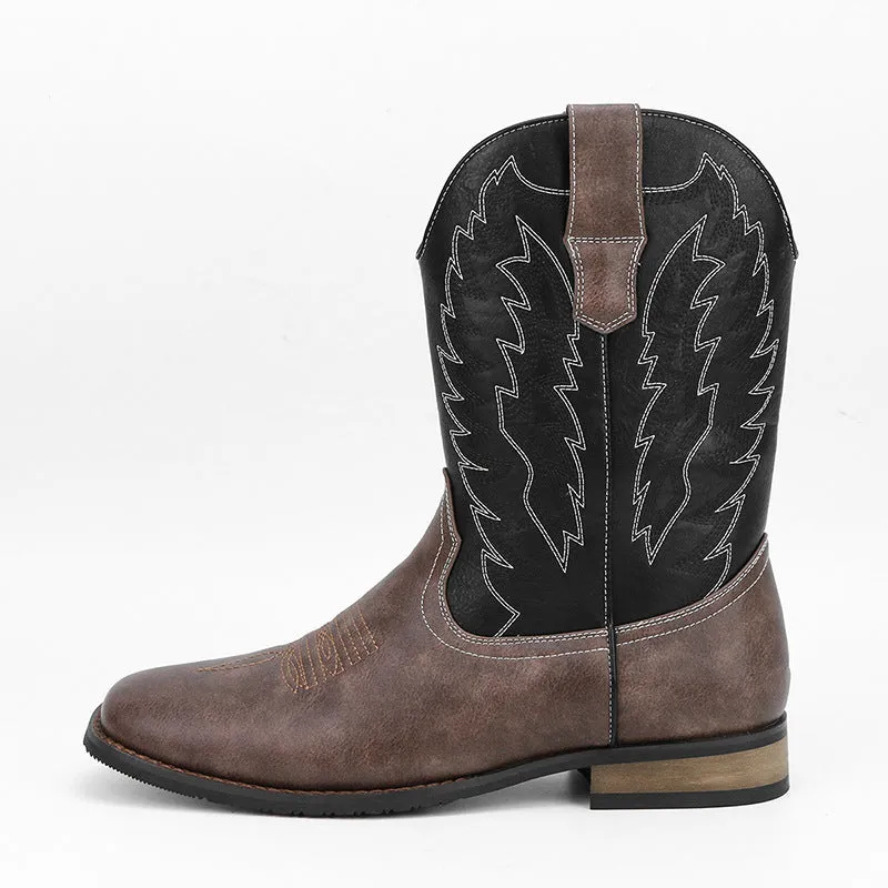 Men's black square toe motorcycle boots with a mid-calf shaft and low wedge heel.