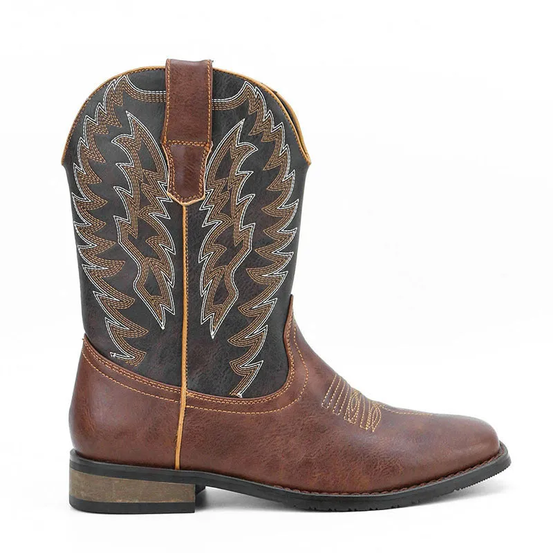 Men's black square toe motorcycle boots with a mid-calf shaft and low wedge heel.