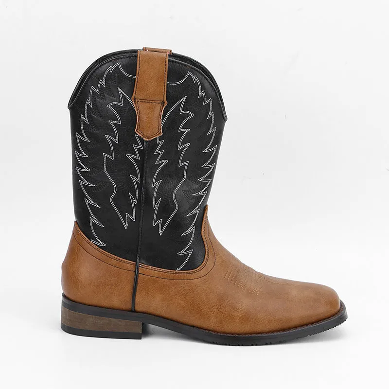 Men's black square toe motorcycle boots with a mid-calf shaft and low wedge heel.