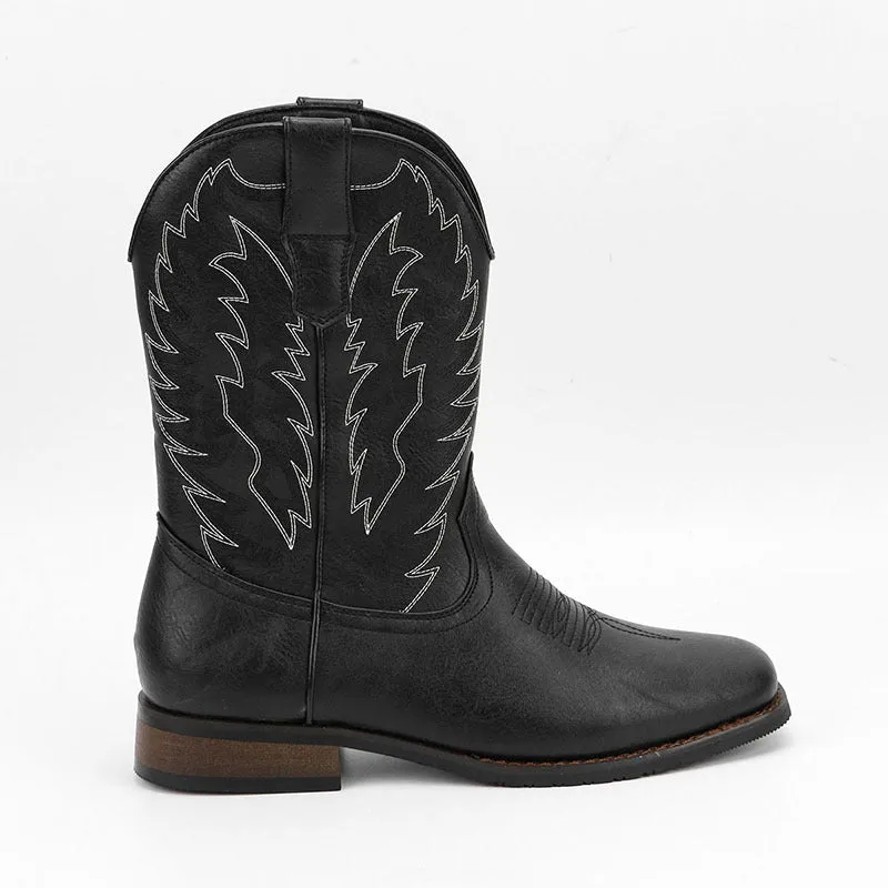 Men's black square toe motorcycle boots with a mid-calf shaft and low wedge heel.