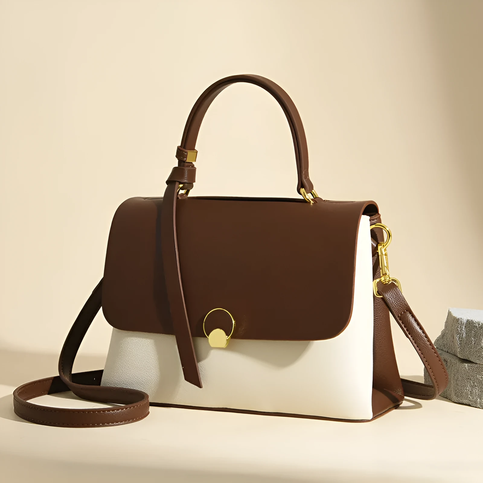 PU crossbody handbag in beige with sewing line detail and single shoulder strap