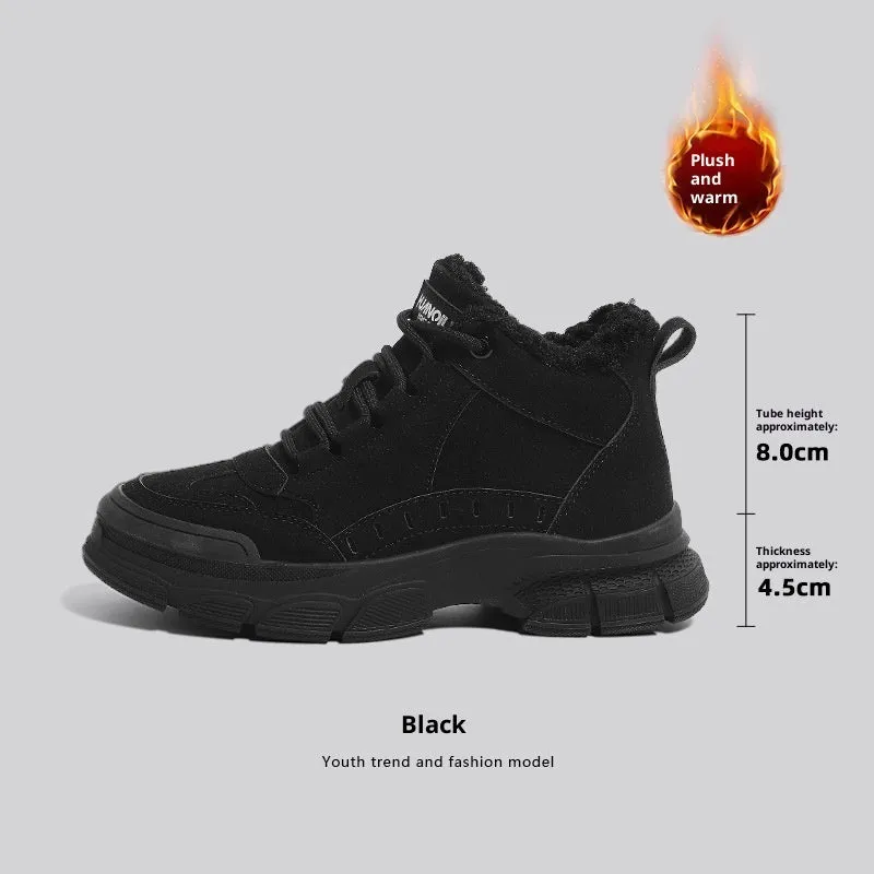 Women's warm snow boots in black with non-slip rubber sole and plus velvet lining in Martin boot style