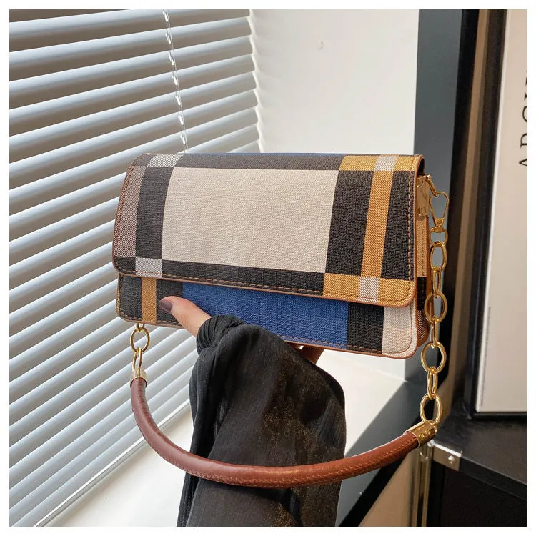 One-shoulder portable underarm small square bag in soft PU with colour contrast patchwork, available in multiple colours
