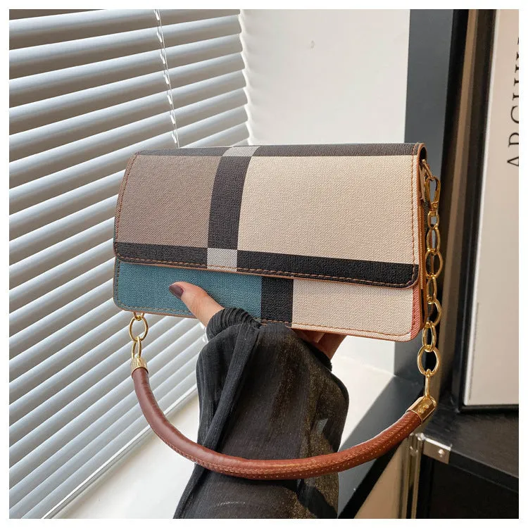 One-shoulder portable underarm small square bag in soft PU with colour contrast patchwork, available in multiple colours