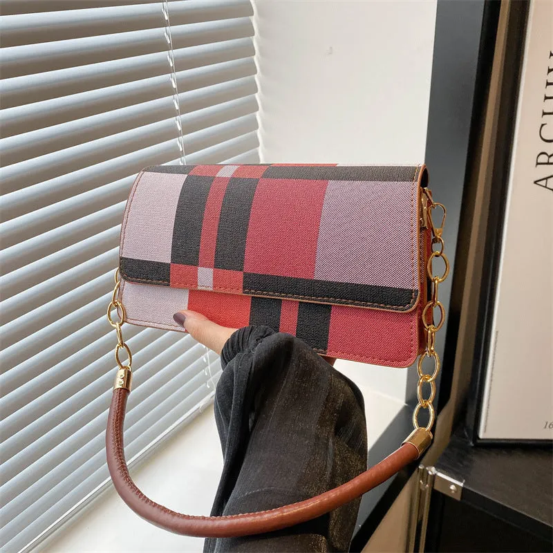 One-shoulder portable underarm small square bag in soft PU with colour contrast patchwork, available in multiple colours