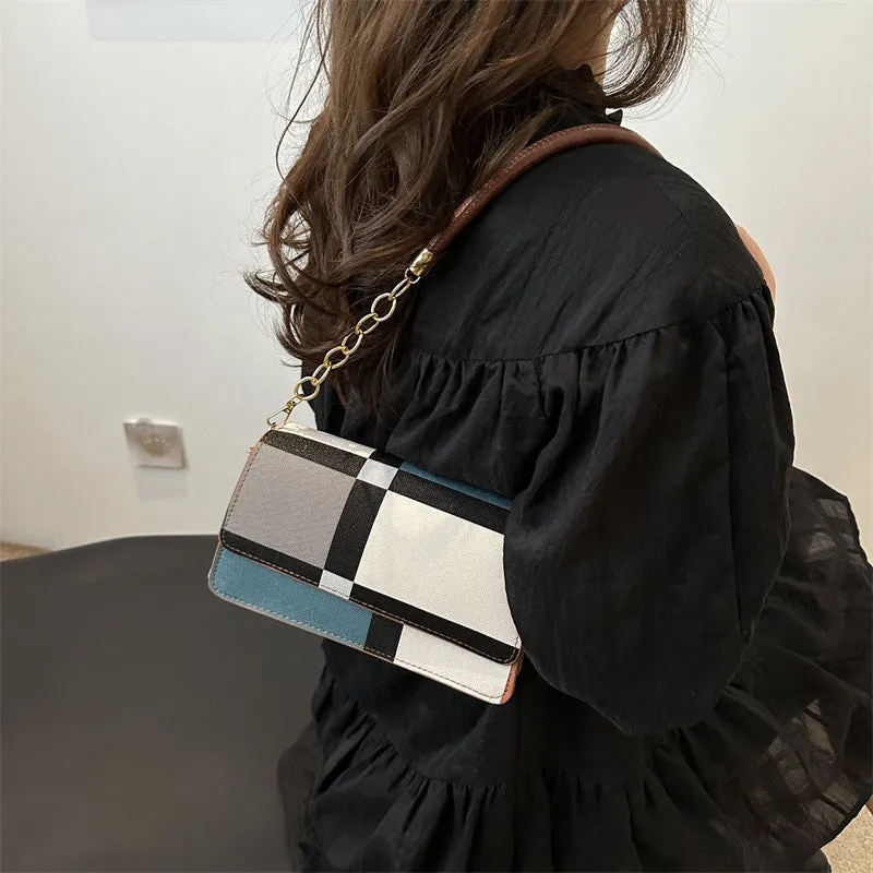 One-shoulder portable underarm small square bag in soft PU with colour contrast patchwork, available in multiple colours