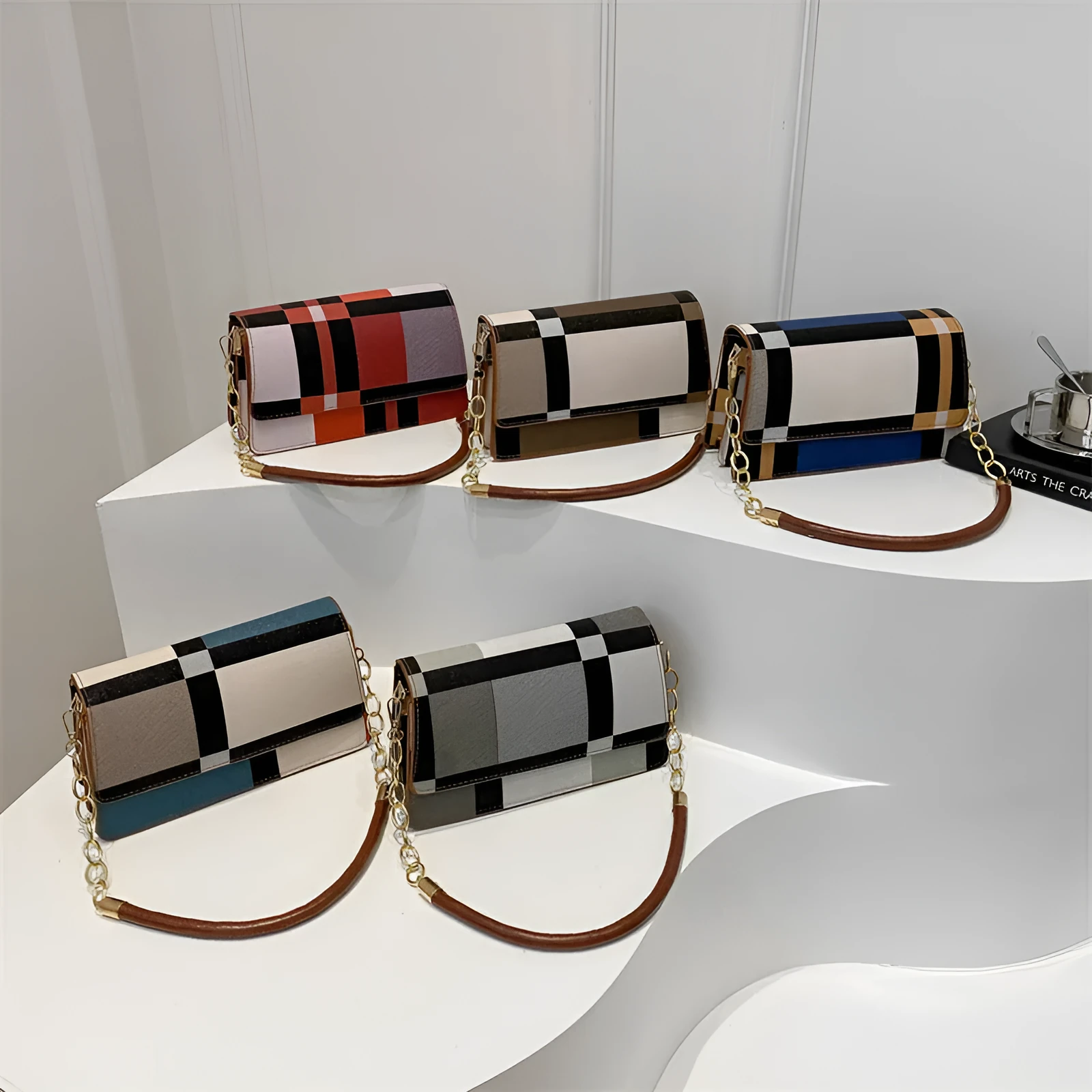 One-shoulder portable underarm small square bag in soft PU with colour contrast patchwork, available in multiple colours