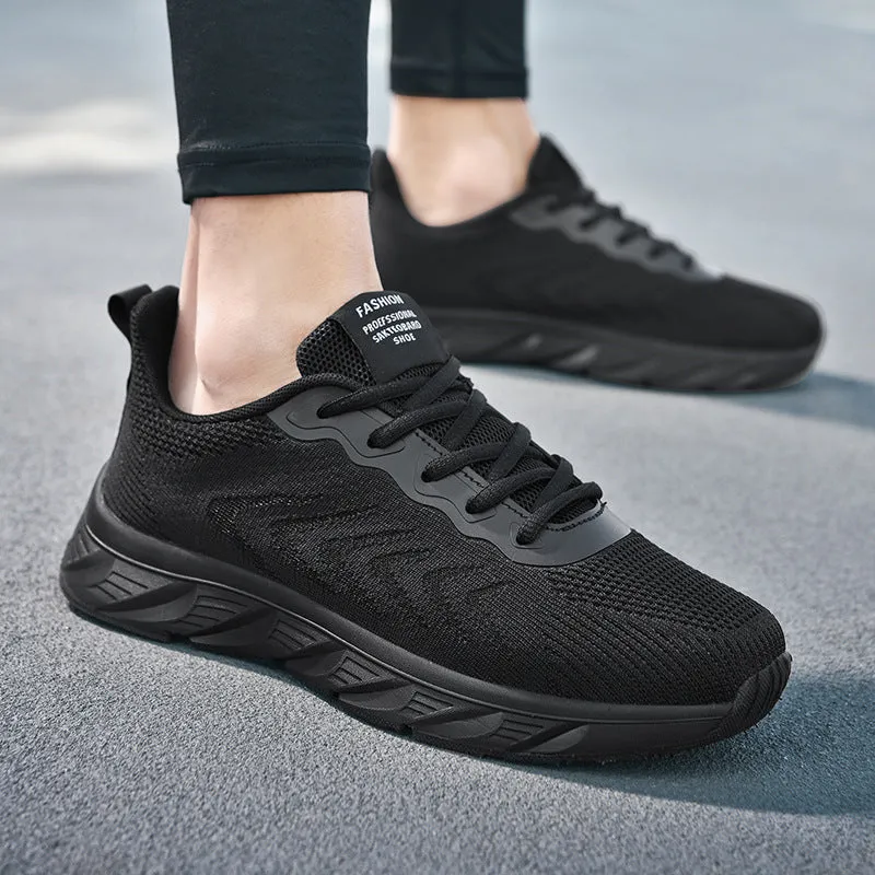 Mesh breathable casual shoes with rubber EVA sole in black and white, round toe, lace-up design
