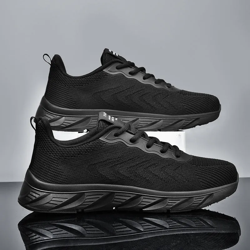 Mesh breathable casual shoes with rubber EVA sole in black and white, round toe, lace-up design