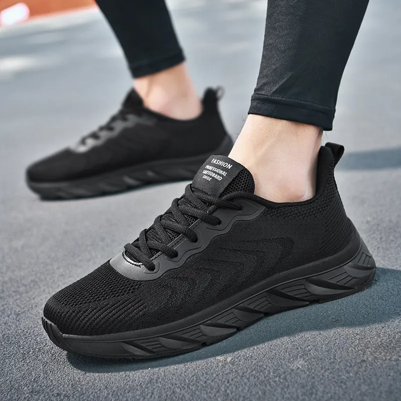 Mesh breathable casual shoes with rubber EVA sole in black and white, round toe, lace-up design