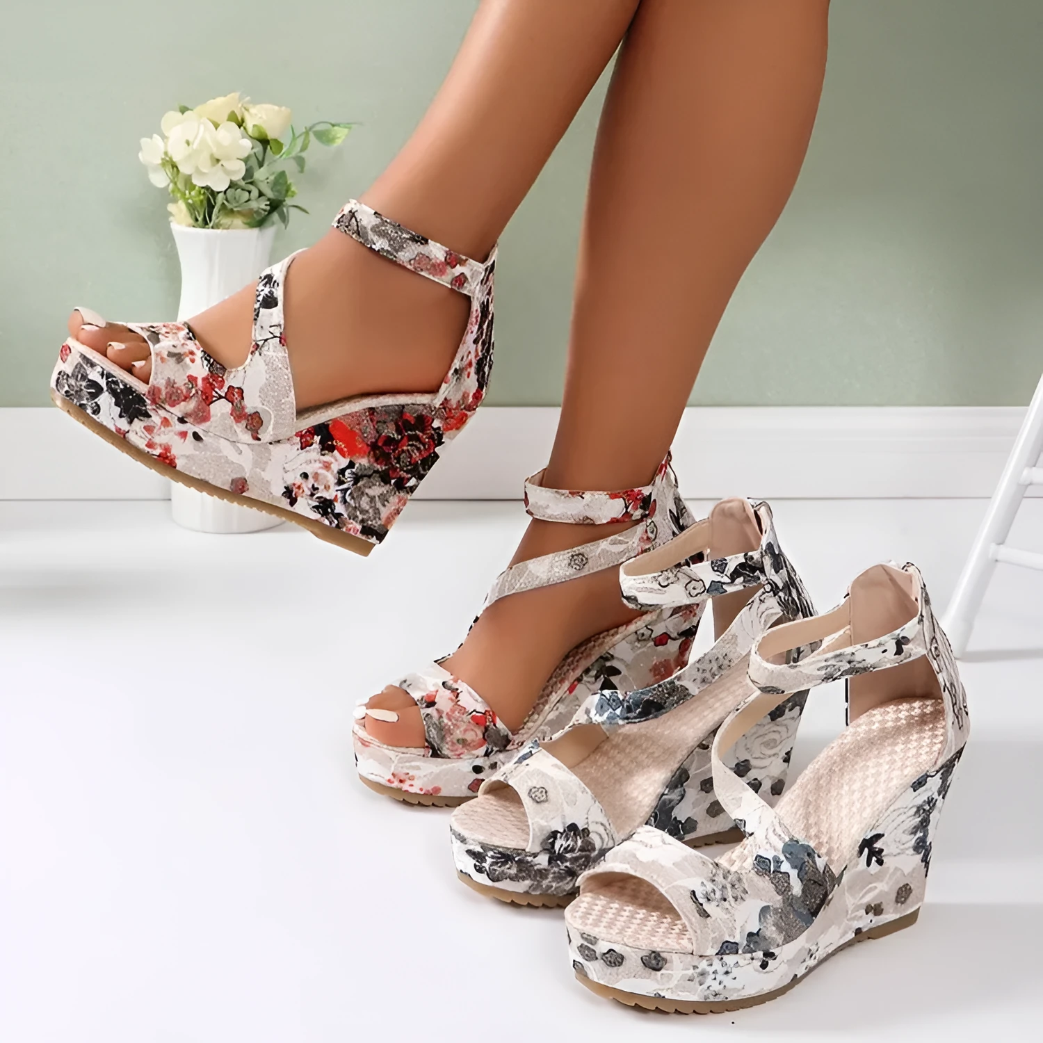 Women's muffin wedge lace up fashion sandals with fish mouth toe in black, side view