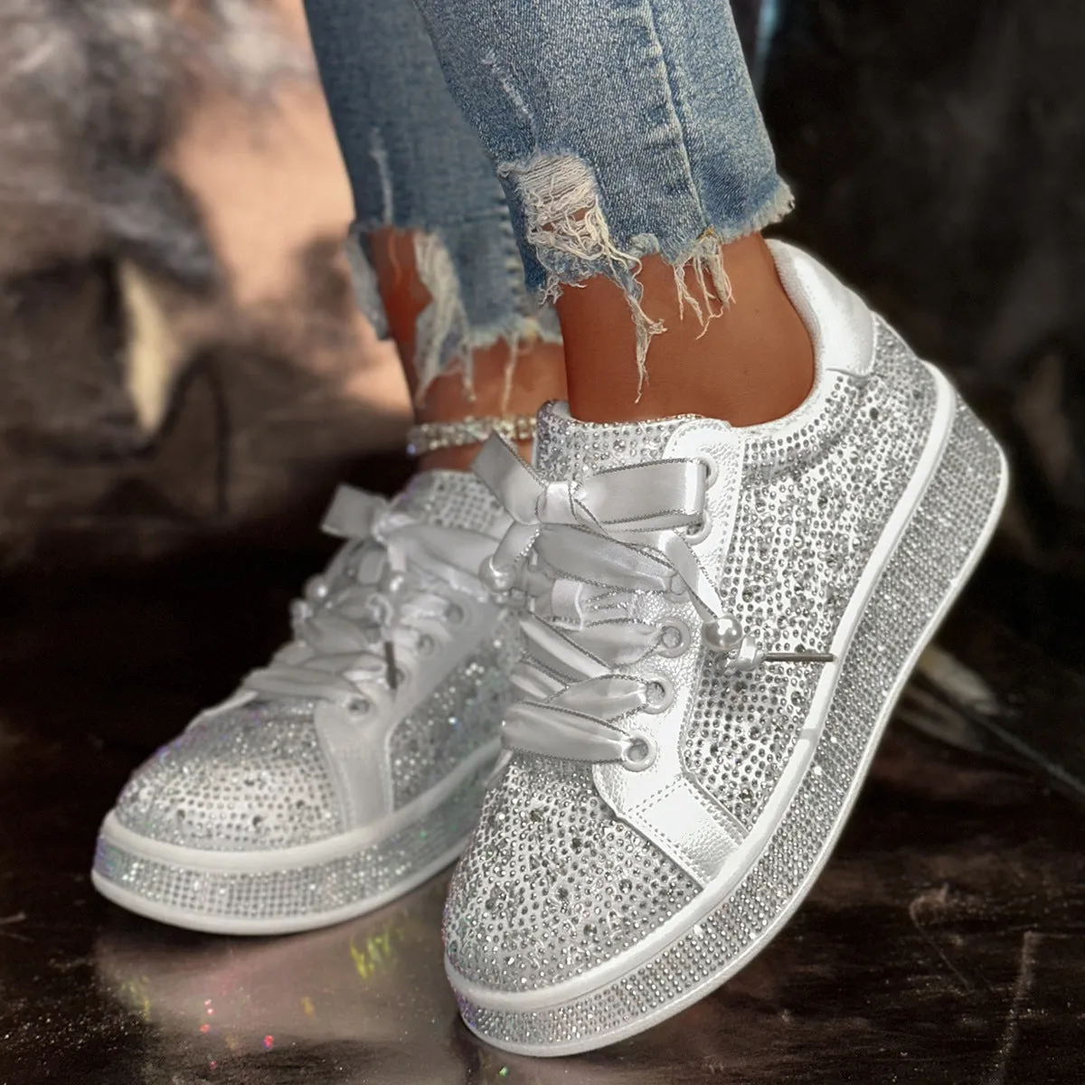 Solid white plus size women's casual shoes with starry rhinestone detailing, low-top design, and rubber sole