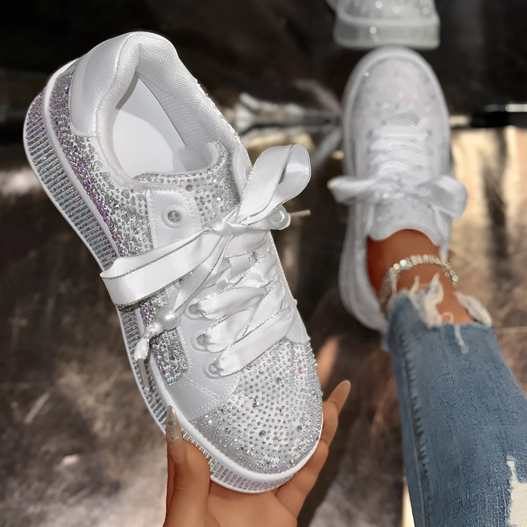 Solid white plus size women's casual shoes with starry rhinestone detailing, low-top design, and rubber sole