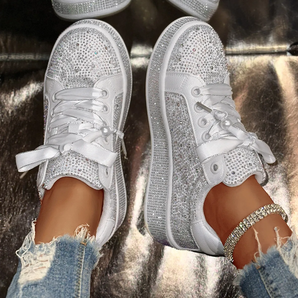 Solid white plus size women's casual shoes with starry rhinestone detailing, low-top design, and rubber sole