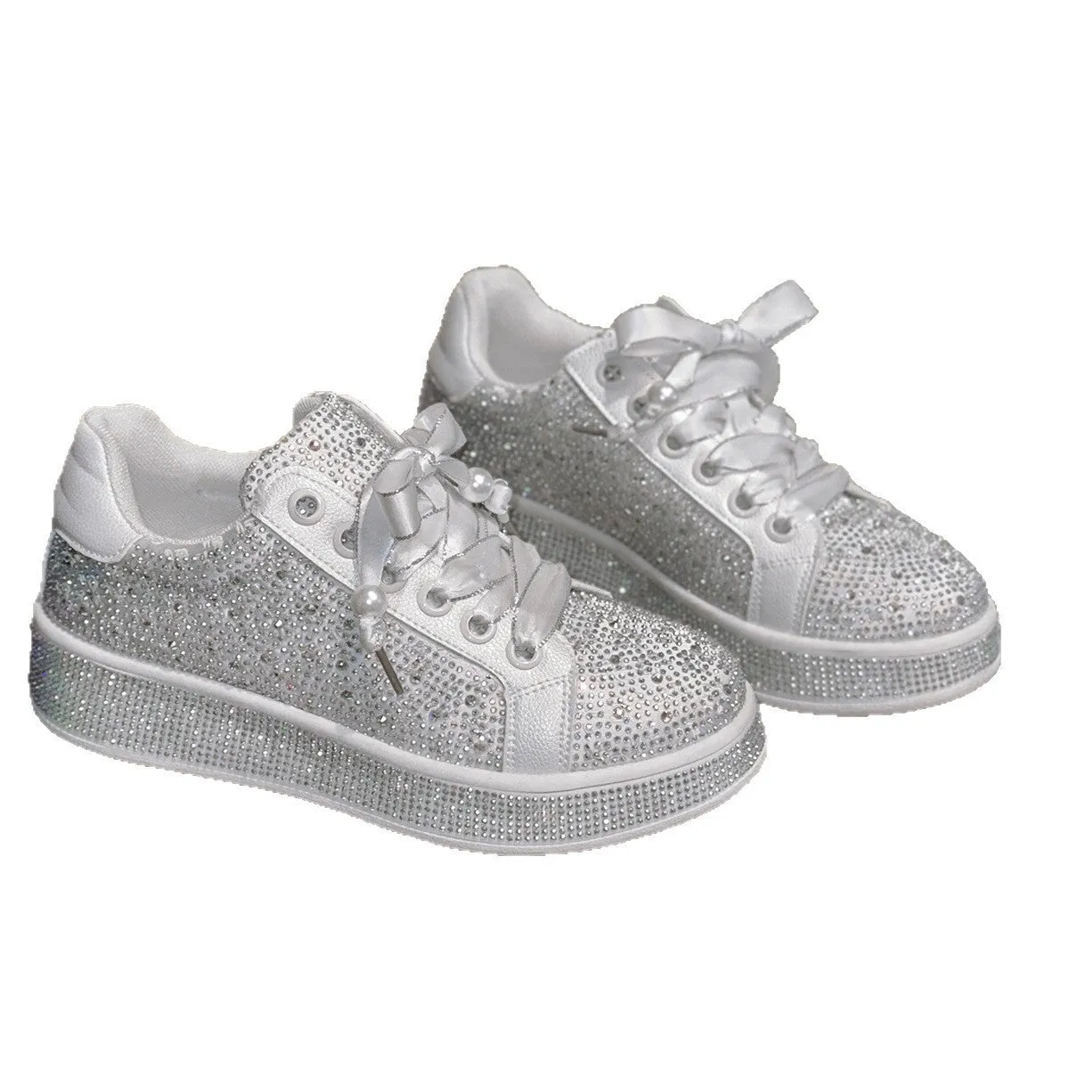 Solid white plus size women's casual shoes with starry rhinestone detailing, low-top design, and rubber sole