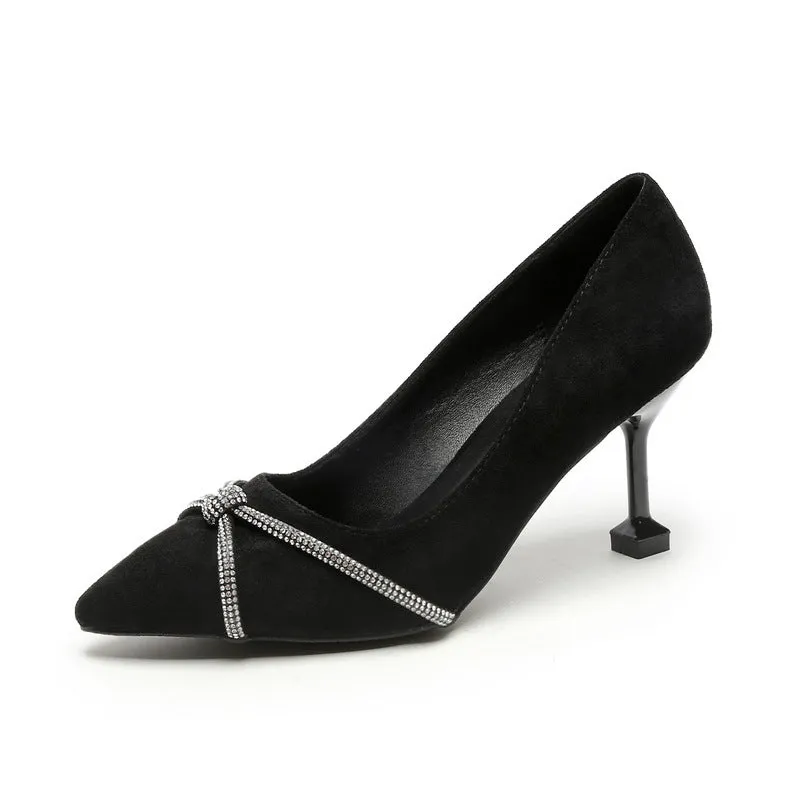 Women's stiletto heels in apricot 7.5cm with pointed toe, suede upper, and rhinestone decoration