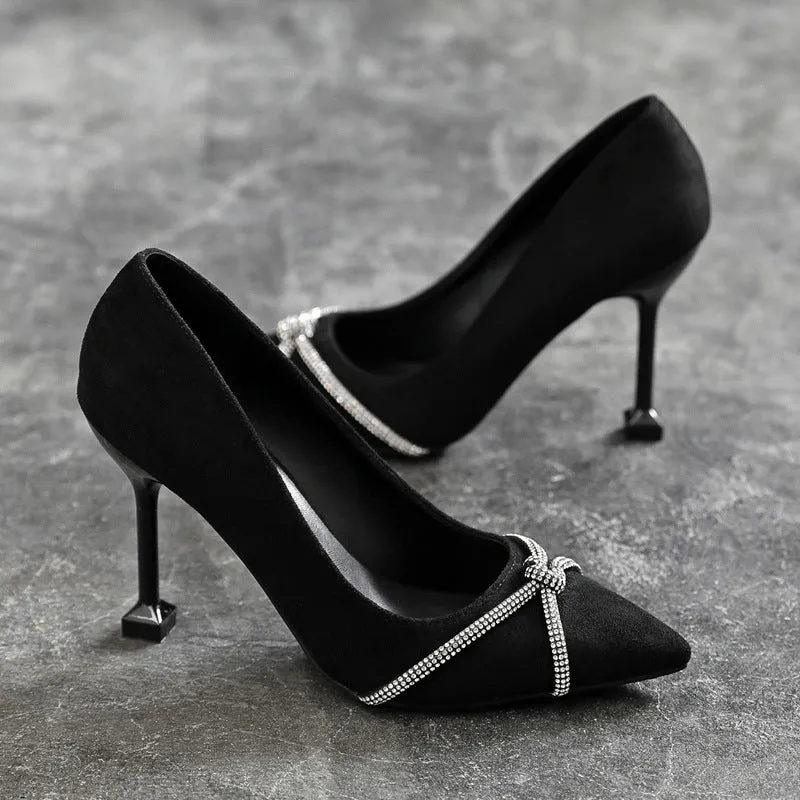 Women's stiletto heels in apricot 7.5cm with pointed toe, suede upper, and rhinestone decoration
