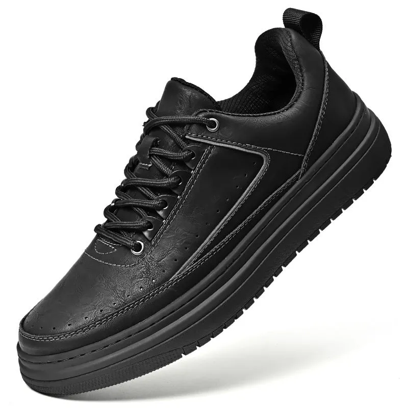 Men's genuine cowhide leather casual lace-up shoes, round toe, flat heel, black colour, side view