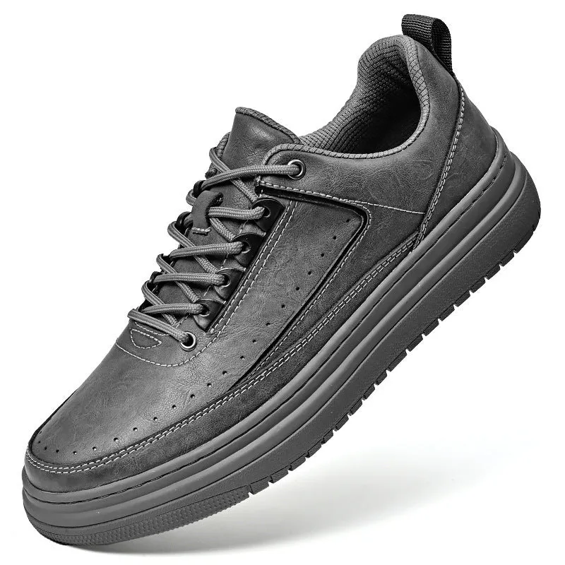 Men's genuine cowhide leather casual lace-up shoes, round toe, flat heel, black colour, side view