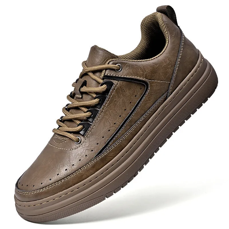 Men's genuine cowhide leather casual lace-up shoes, round toe, flat heel, black colour, side view