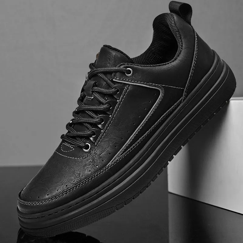 Men's genuine cowhide leather casual lace-up shoes, round toe, flat heel, black colour, side view
