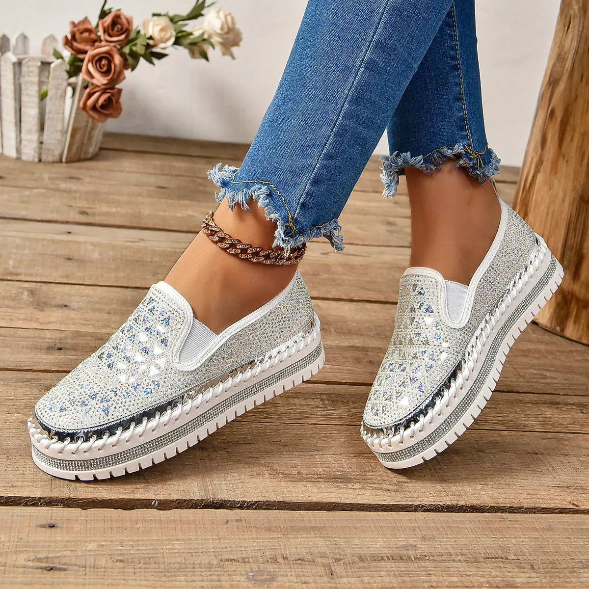 Suede casual sneakers with rhinestone decoration and thick rubber sole in beige colour