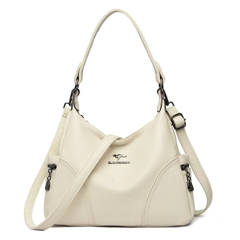 Women's PU messenger bag in beige with single shoulder strap and horizontal square shape