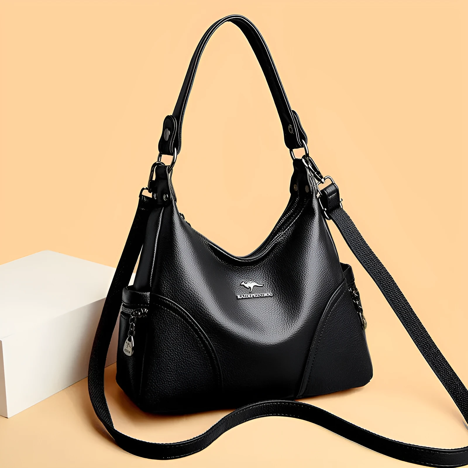 Women's PU messenger bag in beige with single shoulder strap and horizontal square shape