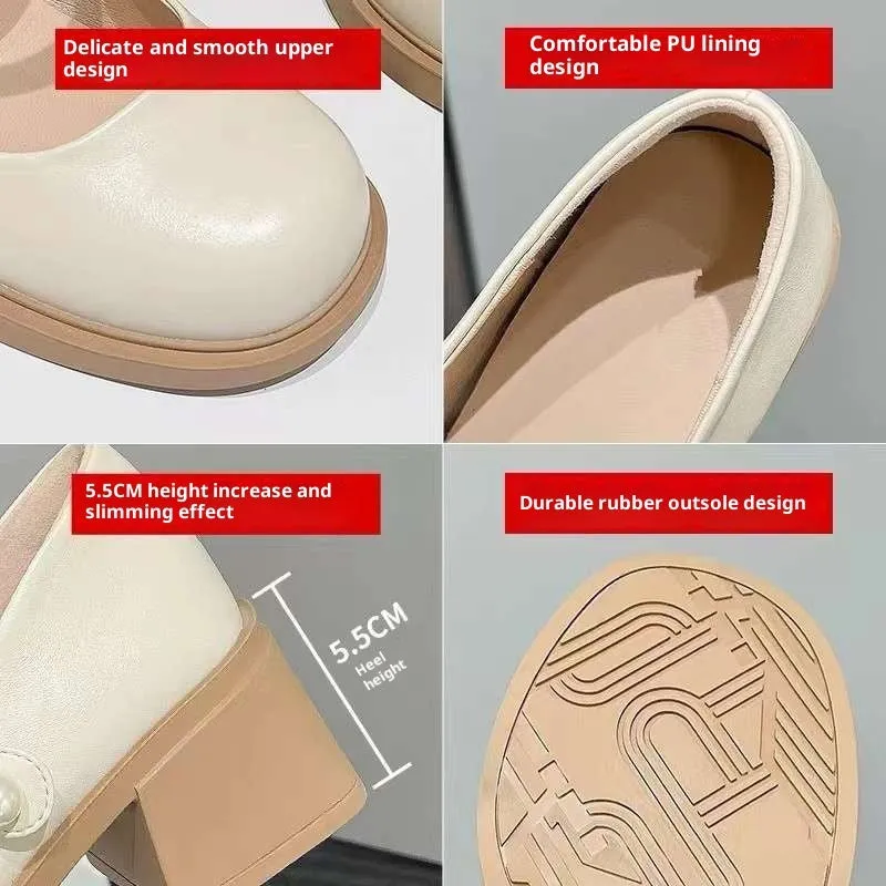 Women's PU leather loafers with short stout heel, round toe, in beige colour, solid colour design