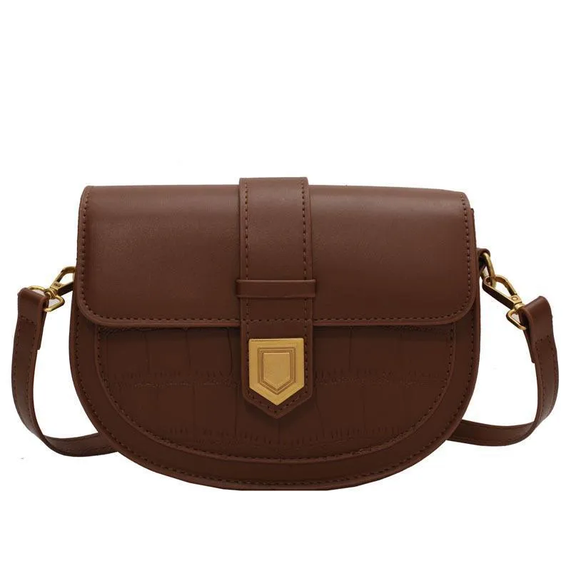 French one shoulder saddle bag in medium-soft PU with lock and stone pattern, available in black, brown, beige, and coffee