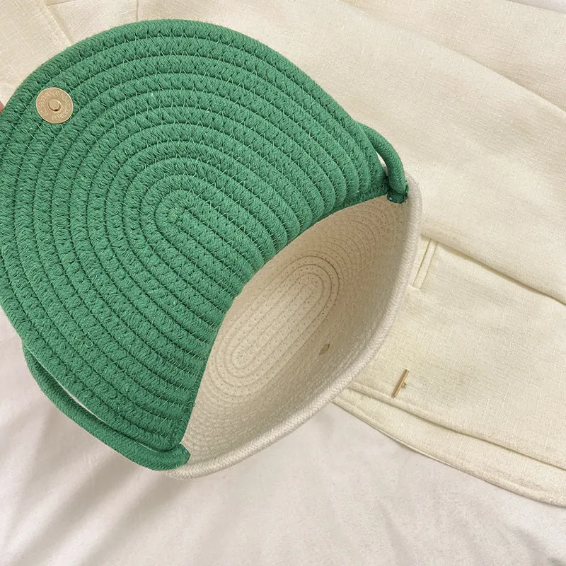 Cotton and linen bucket bag with woven flower details, clamshell shape, available in five colours including sky blue