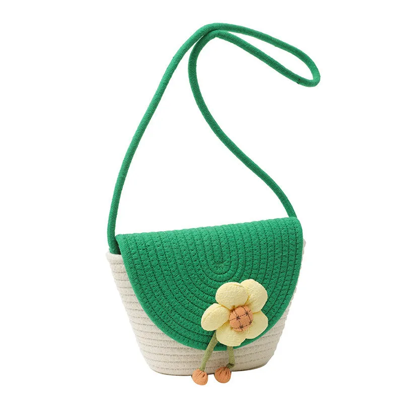 Cotton and linen bucket bag with woven flower details, clamshell shape, available in five colours including sky blue