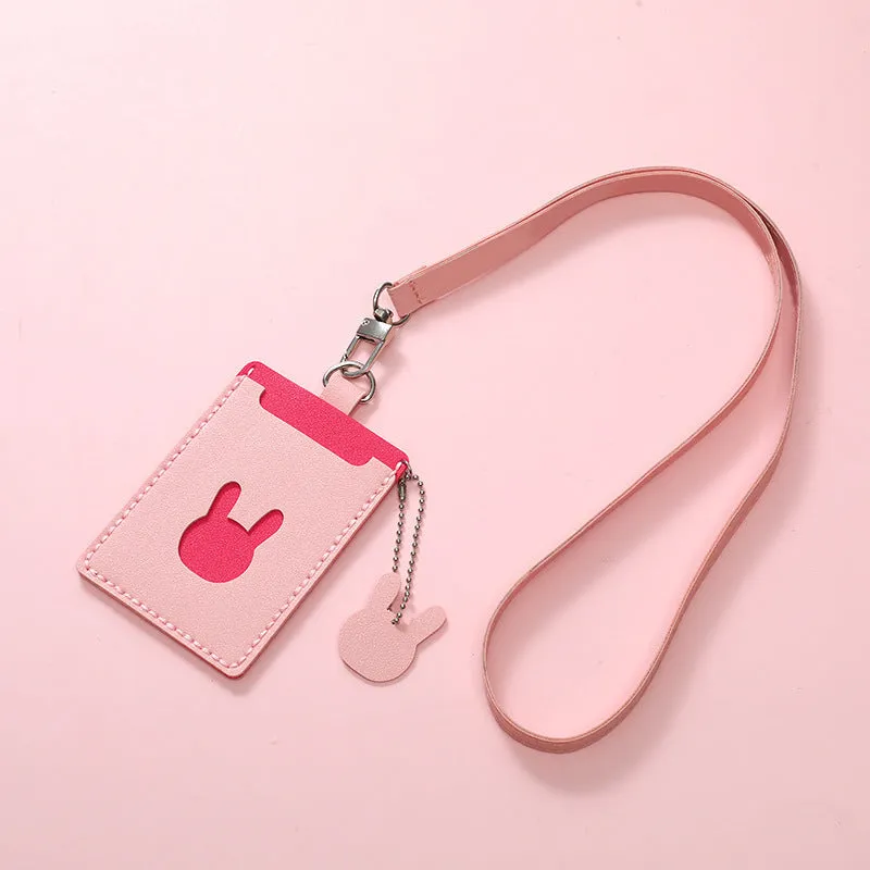 Handmade DIY cartoon cute PU card holder with lanyard in woven contrast colours