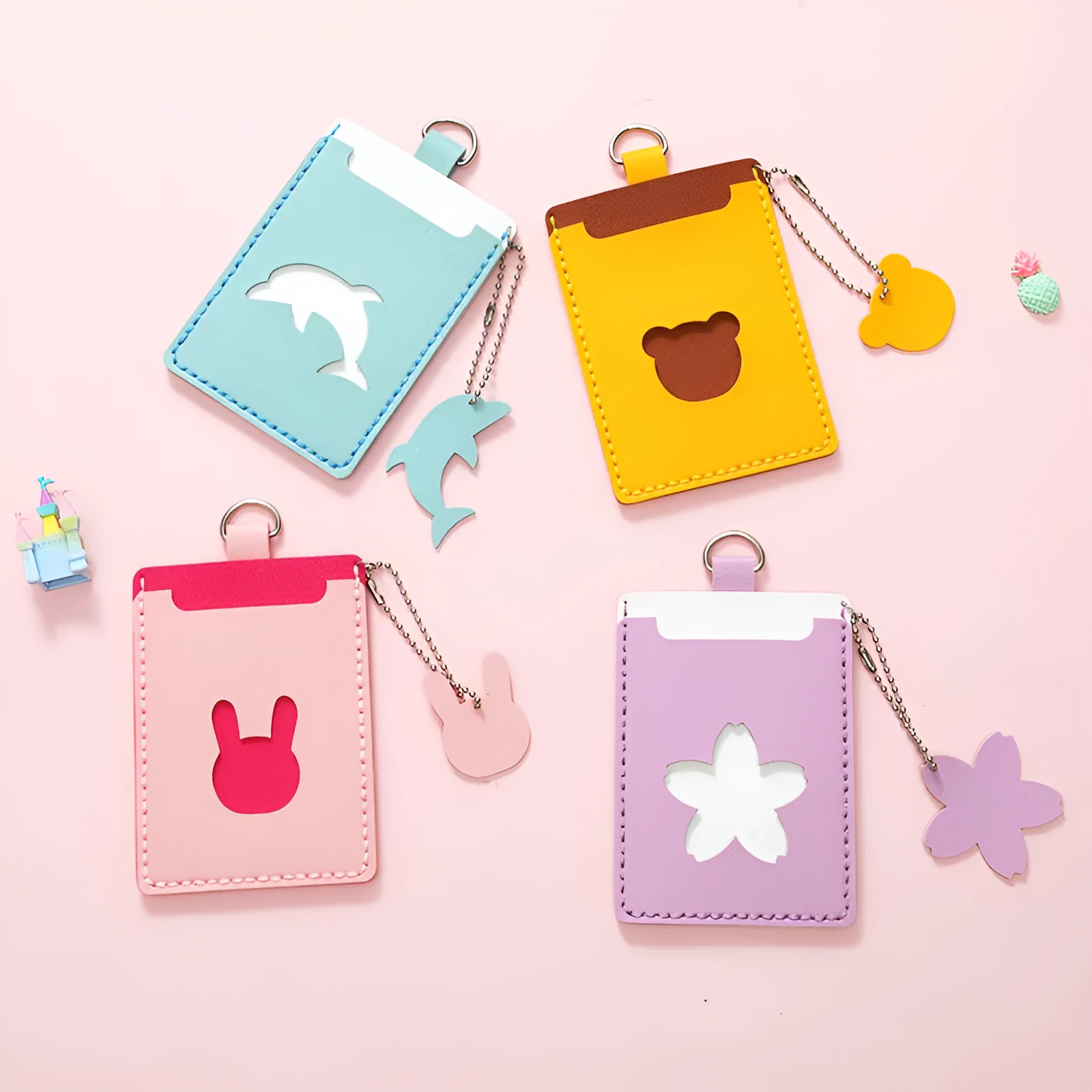 Handmade DIY cartoon cute PU card holder with lanyard in woven contrast colours