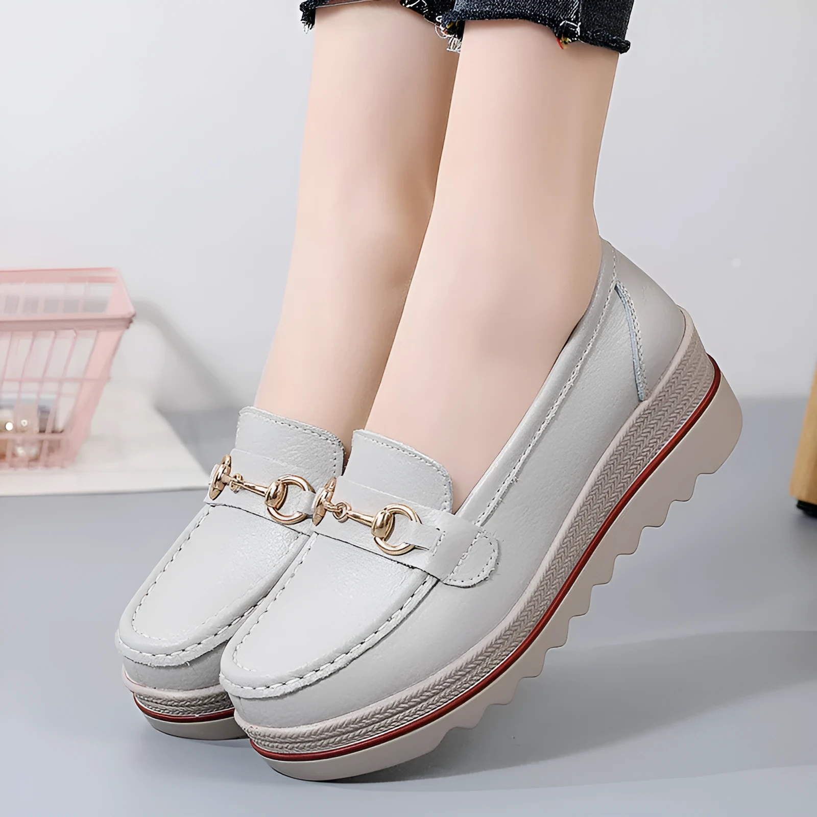 Slip-on oversized synthetic leather casual shoes for women in beige, round toe, rubber sole