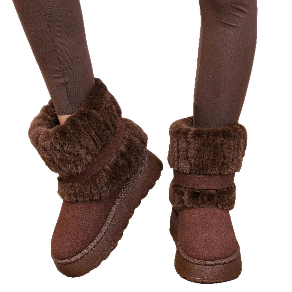Women's plus size fleece lined ankle snow boots in black with cowhide leather upper and non-slip rubber sole