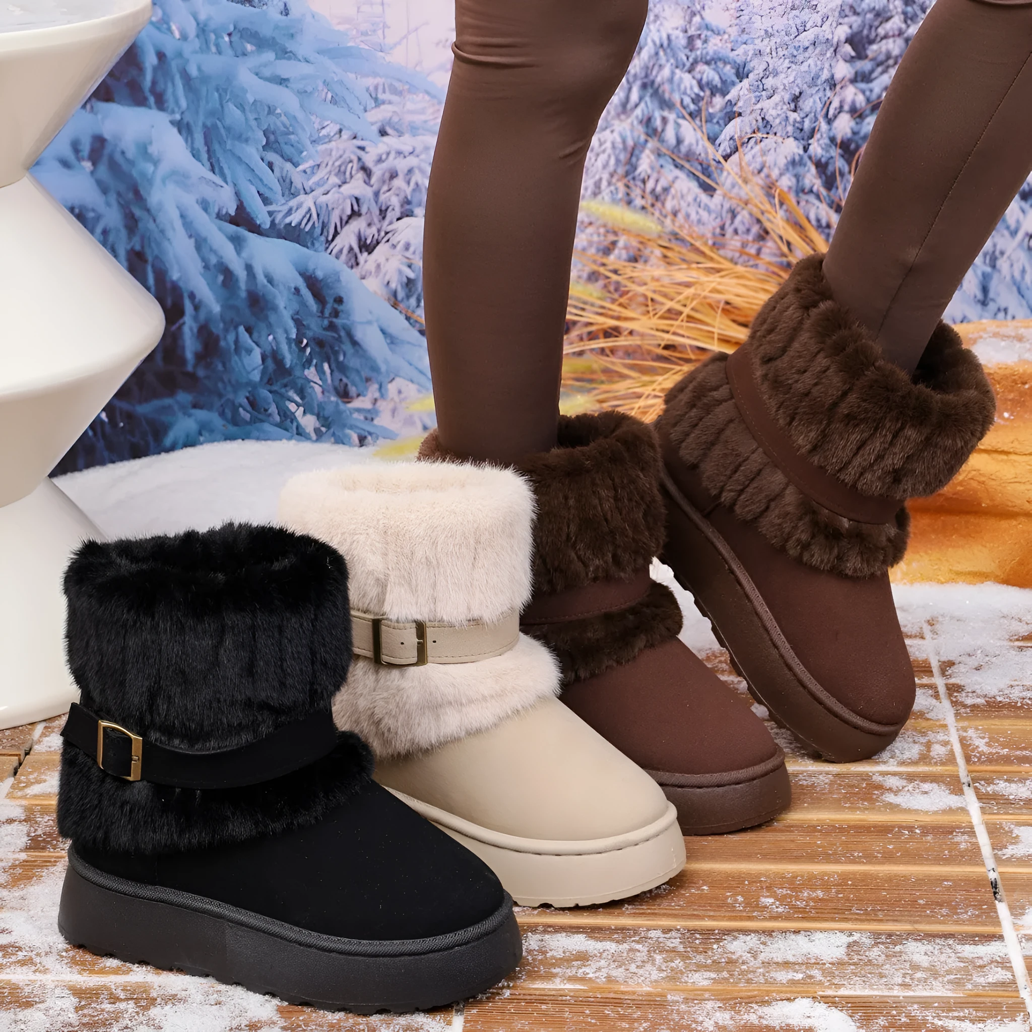 Women's plus size fleece lined ankle snow boots in black with cowhide leather upper and non-slip rubber sole