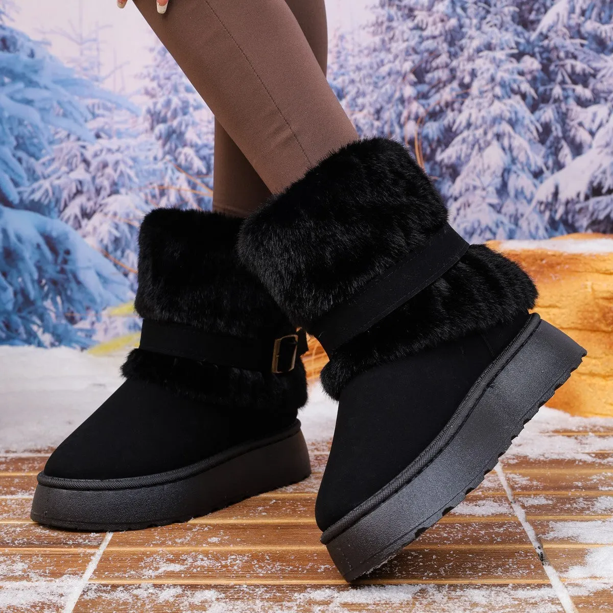 Women's plus size fleece lined ankle snow boots in black with cowhide leather upper and non-slip rubber sole