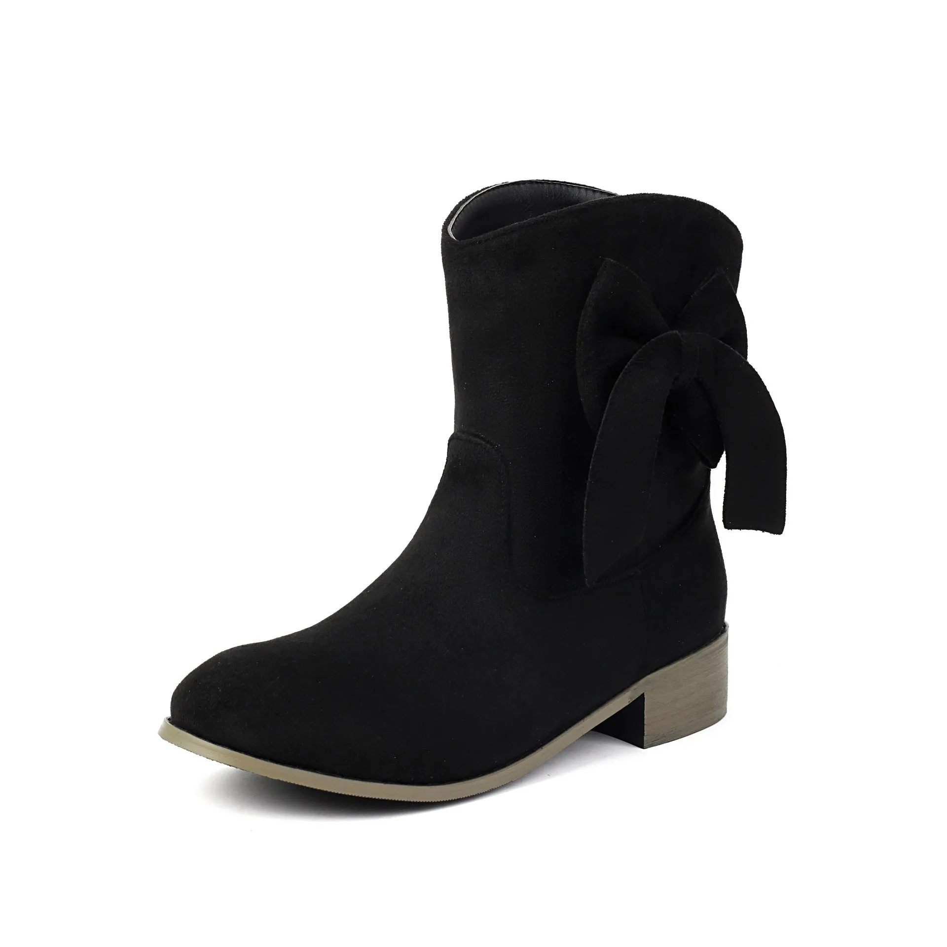 Low heel suede sweet bow casual boots for women, square toe, low tube, in burgundy with bow detail