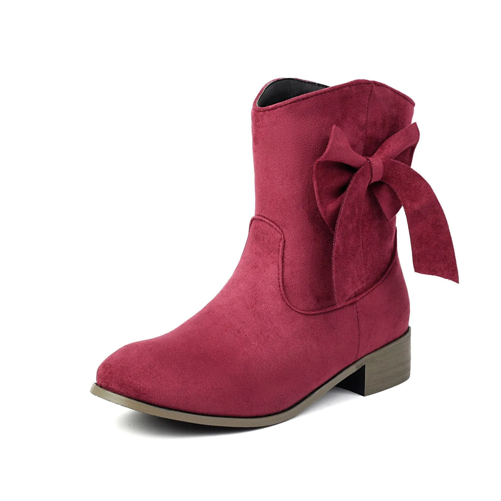 Low heel suede sweet bow casual boots for women, square toe, low tube, in burgundy with bow detail