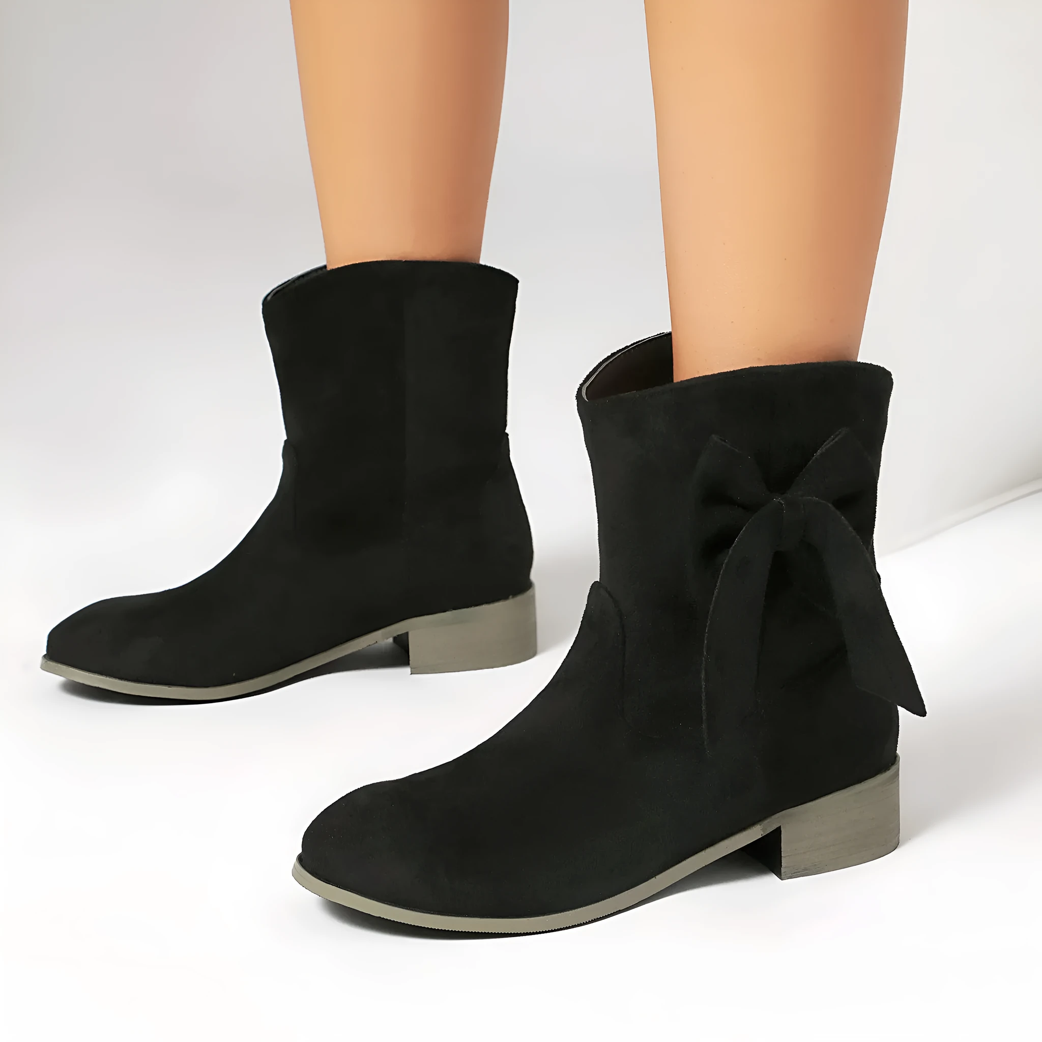 Low heel suede sweet bow casual boots for women, square toe, low tube, in burgundy with bow detail